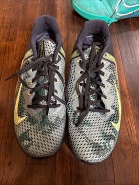 Nike Kids Gray Mesh Sneakers with Green Camouflage and Yellow Accents